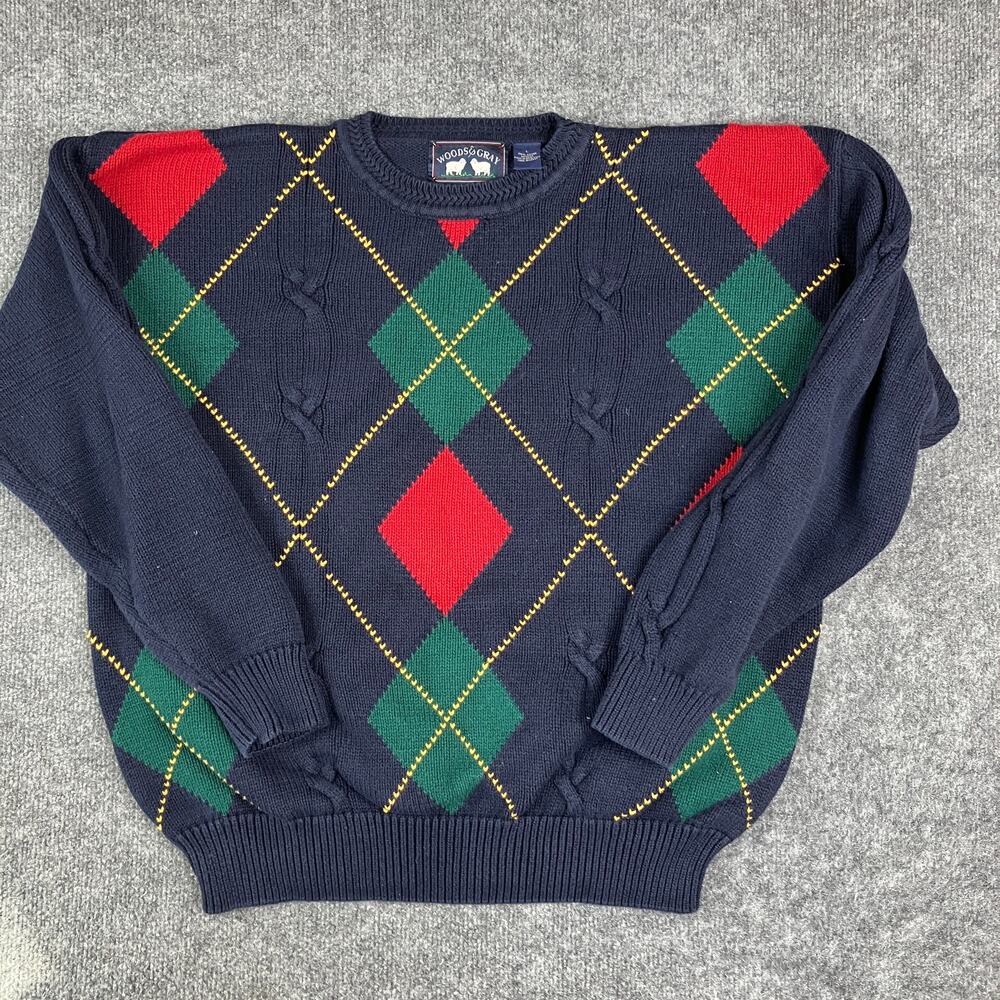 Woods & Gray Sweater Mens Size L Navy Argyle Knit Pullover Red Green Retro Style
